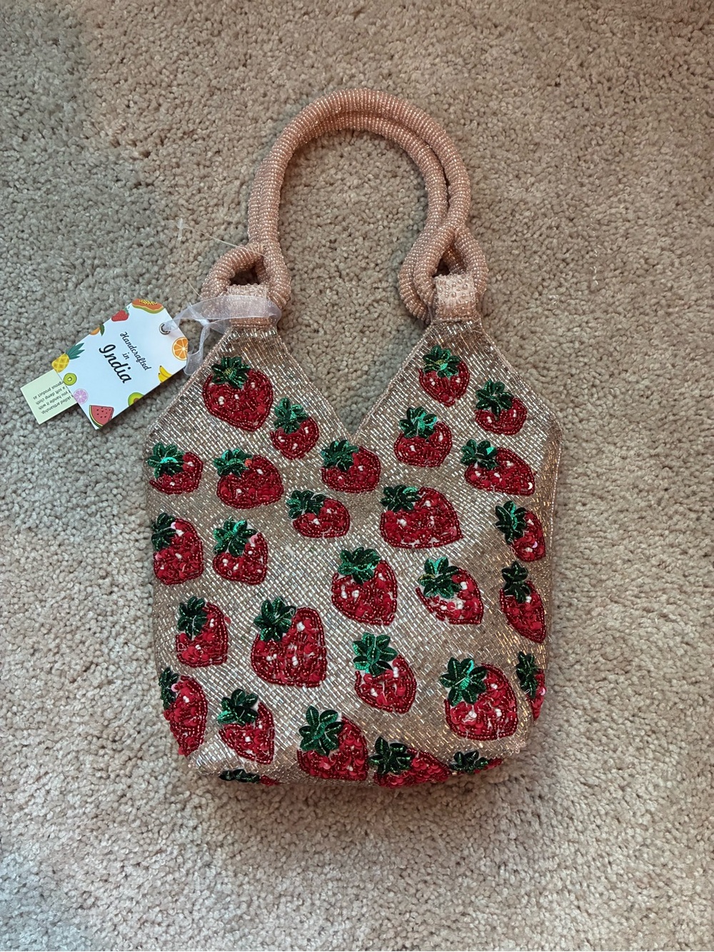 NWT Handcrafted Beaded Strawberry Handbag Sequin Statement Purse